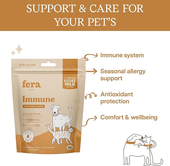 Fera Pet Organics Immune Goat Milk Cat & Dog Food Topper – Vet Created - Pet Allergy & Immunity Aid – Probiotic - Colostrum & Turkey Tail Mushroom-60 Servings