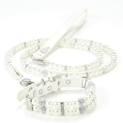 Small Dog Collars for Female Dogs, Pearl Dog Collar Leash Set Cute Pu Leather Cat Necklace with Crystal Rhinestone Diamond for Puppy XS Small Medium Dogs Wedding & Birthday Party White L