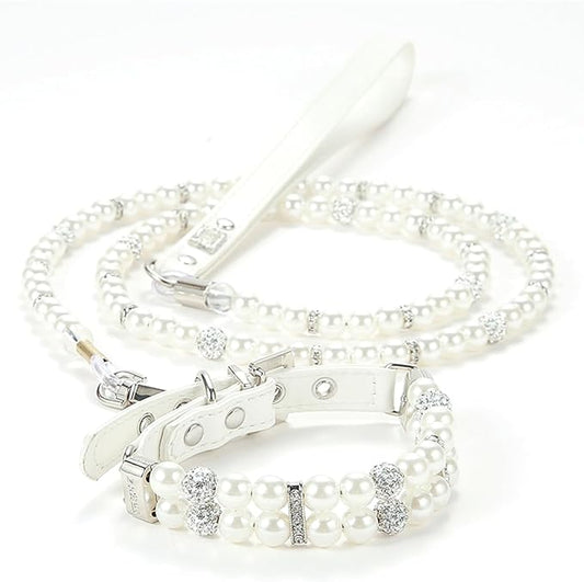 Small Dog Collars for Female Dogs, Pearl Dog Collar Leash Set Cute Pu Leather Cat Necklace with Crystal Rhinestone Diamond for Puppy XS Small Medium Dogs Wedding & Birthday Party White L