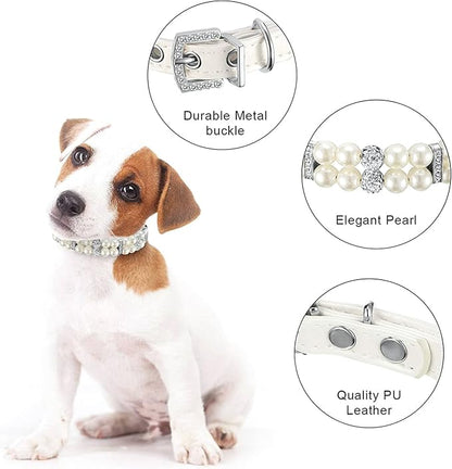 Small Dog Collars for Female Dogs, Pearl Dog Collar Leash Set Cute Pu Leather Cat Necklace with Crystal Rhinestone Diamond for Puppy XS Small Medium Dogs Wedding & Birthday Party Purple XS