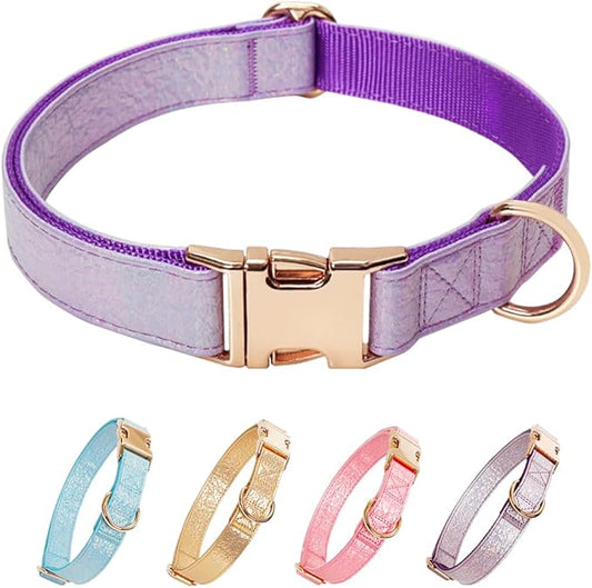 Glare Purple Dog Collar Leather and Nylon Double Layer Thickened Design Adjustable Durable Heavy Duty Dog Collars with Quick Release Metal Buckle for Small Medium Large Dogs M 12.6-19.3"