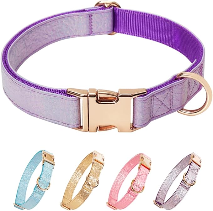Glare Purple Dog Collar Leather and Nylon Double Layer Thickened Design Adjustable Durable Heavy Duty Dog Collars with Quick Release Metal Buckle for Small Medium Large Dogs L 15.7-27.2"