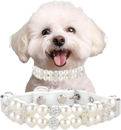 Pearl Small Dog Collar, Pearl Cat Collar PU Leather Girls Dogs Necklace with Crystal Diamond Rhinestone Jewlled for Female Puppy Kitten XS Small Medium Dogs Wedding & Birthday Gift (White,S)