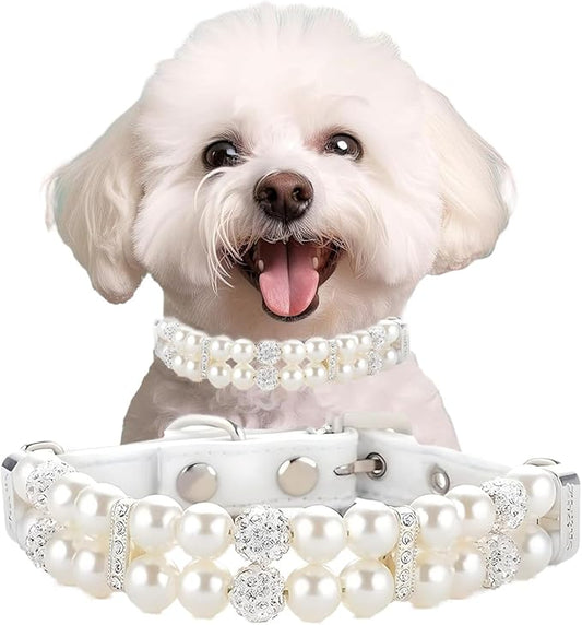 Pearl Small Dog Collar, Pearl Cat Collar PU Leather Girls Dogs Necklace with Crystal Diamond Rhinestone Jewlled for Female Puppy Kitten XS Small Medium Dogs Wedding & Birthday Gift (White,S)