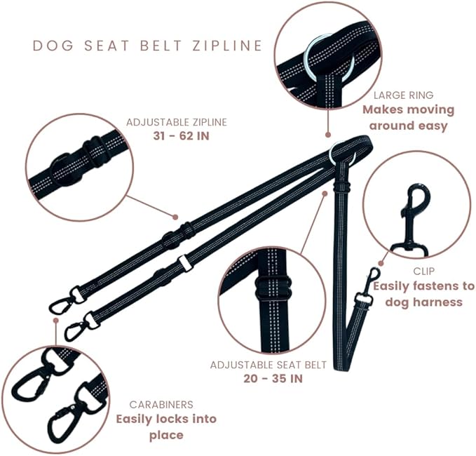 Dog Seat Belt, Adjustable Dog Safety SeatBelt, Dog Seat Belt with Carbineer Locks, Dog Travel Safety Gear, Dog Seat Belt Zipline