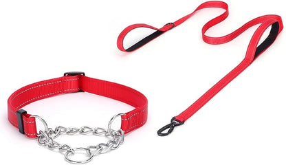 Martingale Dog Collar with Stainless Steel Chain and Leash Set 5FT Double