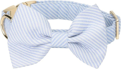 Adjustable Pet Bow Tie and Dog Collar for Small Medium Large Dogs, Puppy Collar with Bowtie, Cute Bow and Dog Collars - Comfortable, Soft, and Durable (Small, Blue Stripes)