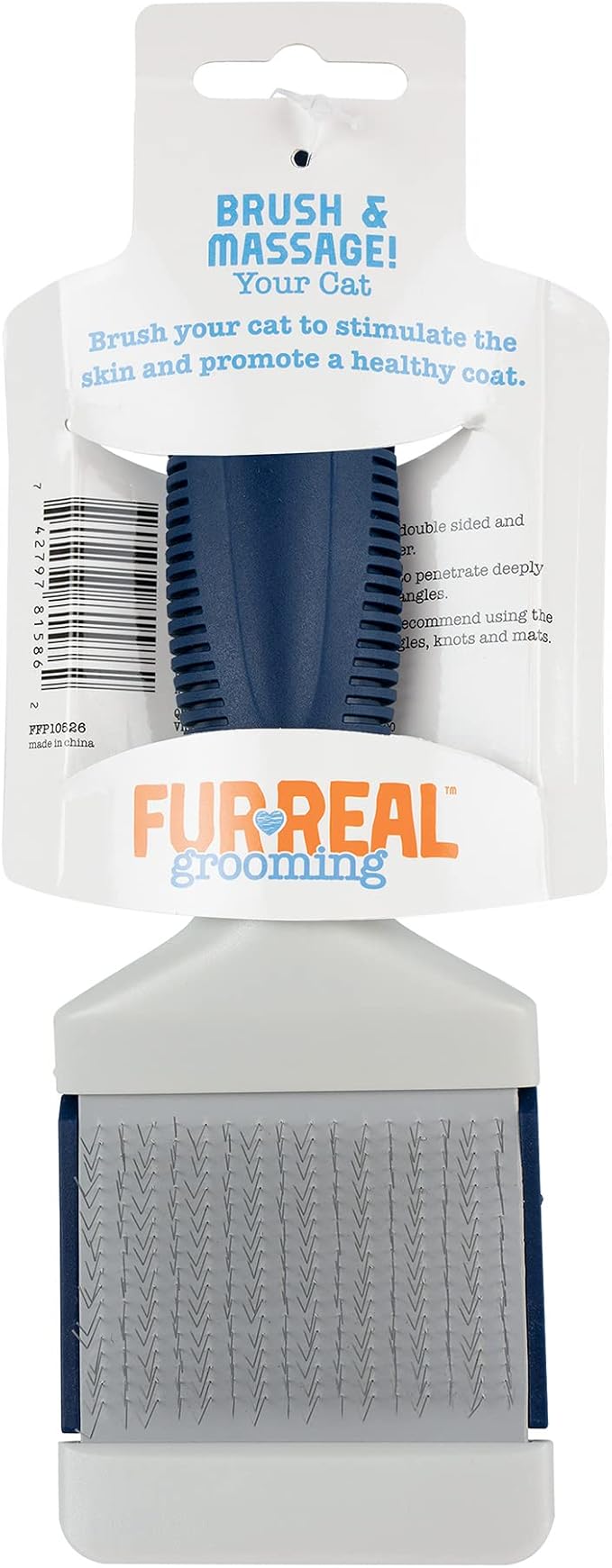 FurReal Cat Flexible Slicker Brush, Blue | Gentle Flex Head Loosens Mats & Removes Loose Fur | Massage and Brush Your Cat