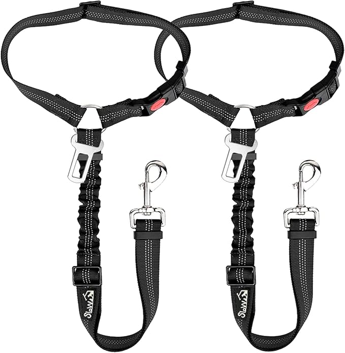 Lukovee Dog Car Seat Belt, 2 Pack Headrest Restraint Seatbelt, Adjustable Pet Safety Leads with Reflective Elastic Bungee for Dog Harness Collar Travel Daily Use (Black,Headrest + Clip)