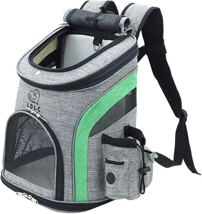 LDLC Pet Carrier Backpack for Small Cats and Dog,Breathable Mesh Puppies/Ventilated Design,Two-Sided Entry,Pet Bag for Hiking Travel Camping Outdoor Hold Pets (M, Grey and Green)