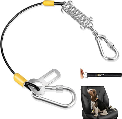 Dog Seat Belt Harness for Car, 5-in-1 Coated Wire Dog Seatbelt, HYLIYAKI Shock Spring-Loaded No Chew Pet Dog Car Seatbelt Leash, with Removable Reflective Short Leash(Black, 16 inch/40 CM)