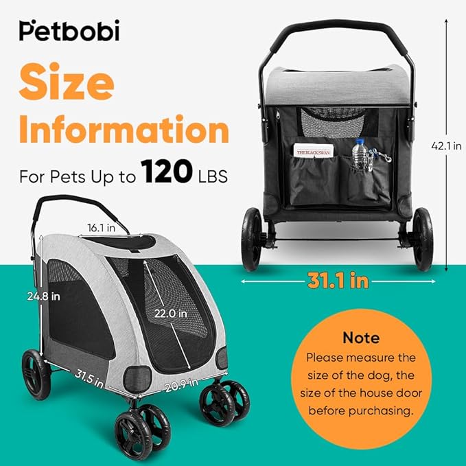 Petbobi Animal Stroller for Large Pet Jogger Stroller 2 Dogs 4 Wheel 120 lbs