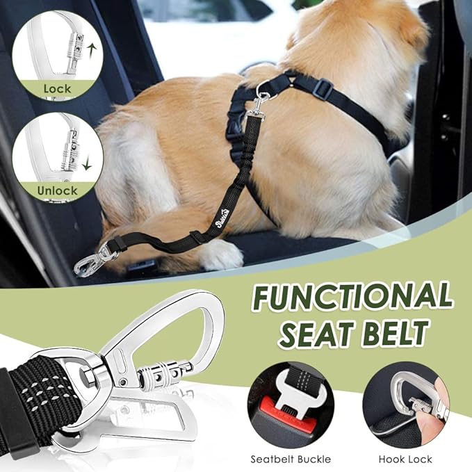 SlowTon Dog Seat Belt Harness for Car, Dog Car Harness Adjustable Mesh Breathable & Dog Seatbelt Safety Tether with Elastic Bungee for Small Medium Large Pets(Lime, Double Clip, S)