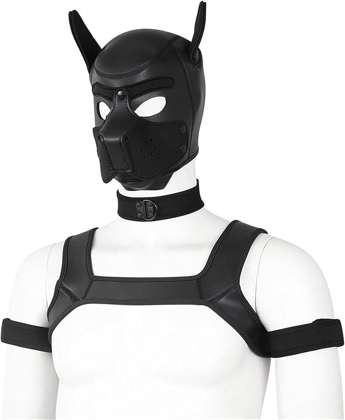 4 Sets Neoprene Puppy Hood Animal Head Mask Novelty Costume Dog (Hood Mask + Collar + Armband + Harness) (Large, Black)