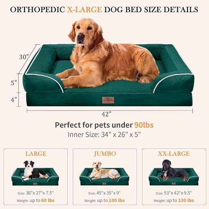 XL Orthopedic Dog Beds, Waterproof Dog Bed, Extra Large Dog Beds with Bolster, Washable Dog Bed Sofa Pet Bed with Removable Cover & Non-Slip Bottom(X-Large,Emerald)