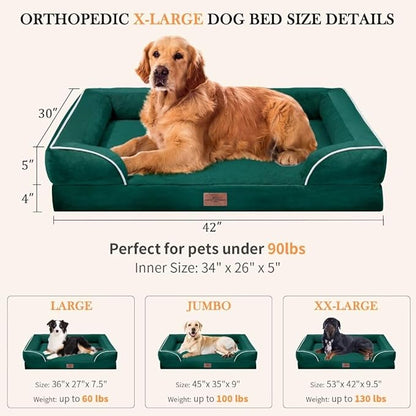 XL Orthopedic Dog Beds, Waterproof Dog Bed, Extra Large Dog Beds with Bolster, Washable Dog Bed Sofa Pet Bed with Removable Cover & Non-Slip Bottom(X-Large,Emerald)