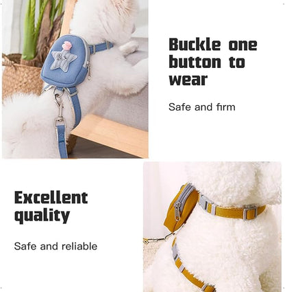 Pet Backpack Harness with Star Design Leash Pocket Saddle Bags Puppy Bag with Training Lead Leash for Doggie Outdoor Travel Hiking Walking Adjustable Easy Control Dog Vest for Dog（Blue,M）