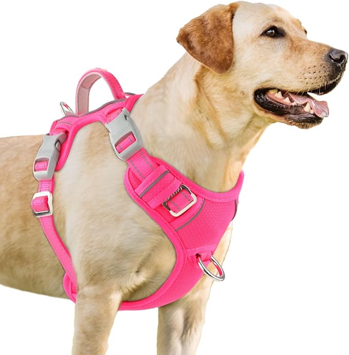 BARKBAY No Pull Dog Harness 3 Buckles Large Step in Reflective Dog Harness with Front Clip and Easy Control Handle for Walking Training Running with ID tag Pocket(Pink