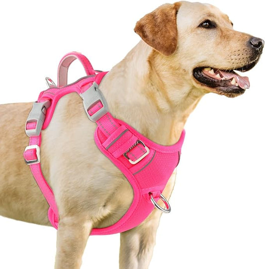 BARKBAY No Pull Dog Harness 3 Buckles Large Step in Reflective Dog Harness with Front Clip and Easy Control Handle for Walking Training Running with ID tag Pocket(Pink