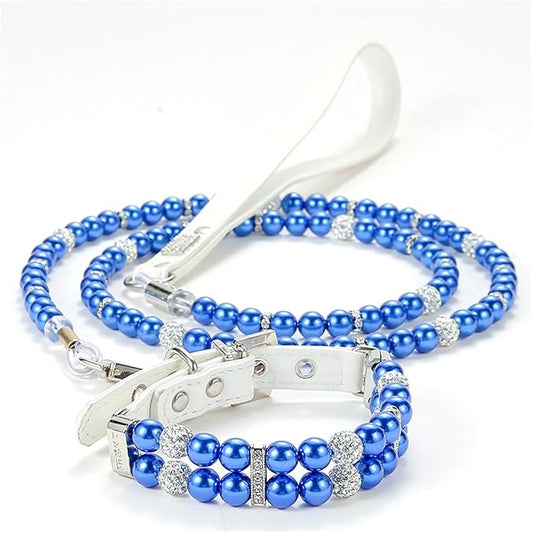Small Dog Collars for Female Dogs, Pearl Dog Collar Leash Set Cute Pu Leather Cat Necklace with Crystal Rhinestone Diamond for Puppy XS Small Medium Dogs Wedding & Birthday Party Blue M