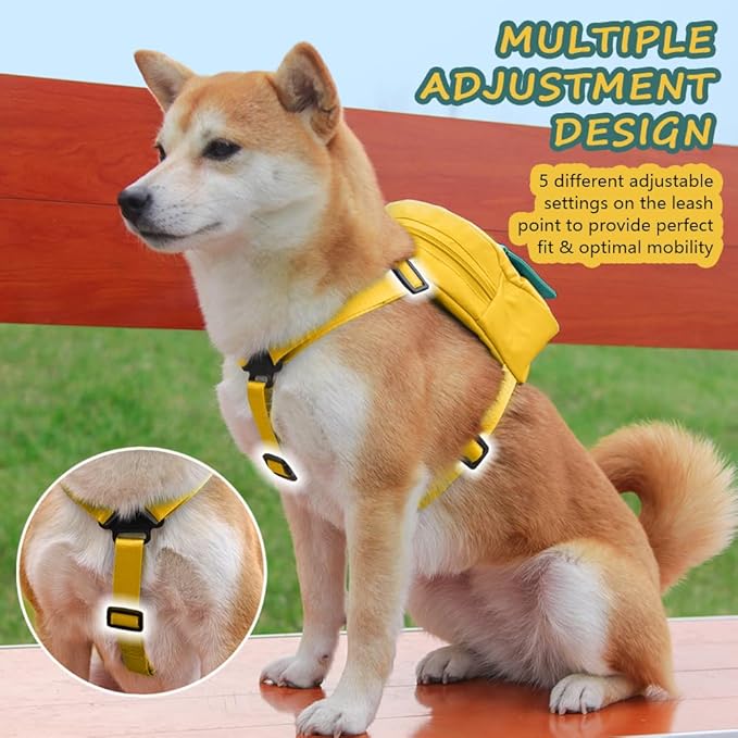 Dog Backpack Harness with Leash,Cute Pet Puppy Backpacks Bulid-in Dog Poop Bag Dispenser,Adjustable Pets Self Carrier Bag for Small Medium Dogs Travel Hiking Daily Walking(S, Yellow)