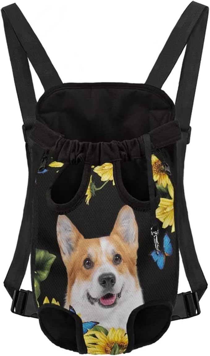 Cute Corgi Sunflower Carrier Backpack for Dog Cats Outdoor Travel Chest Holder,Adjustable Legs Out Easy-Fit Puppies Front Carrier for Hiking Camping,L