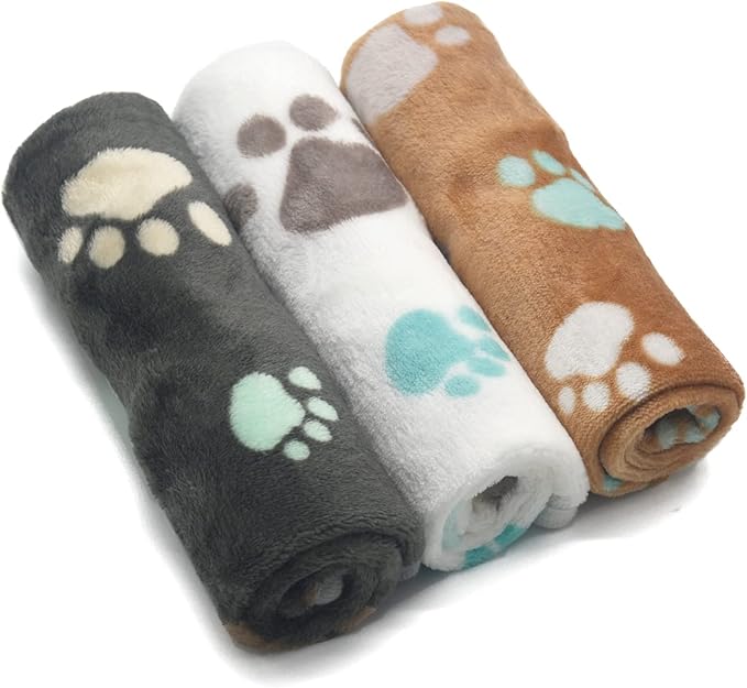 1 Pack 3 Puppy Blankets Super Soft Warm Sleep Mat Cute PAW Print Blanket Fleece Pet Blanket Flannel Throw Dog Blankets for Small Dogs Puppy Cats Gray/White/Brown-Large(40"x30")
