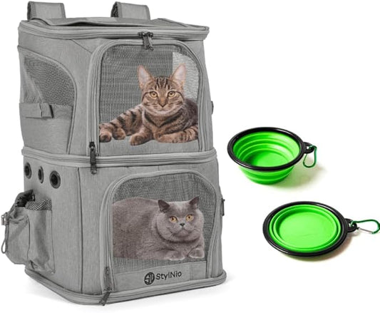 Double Cat Carrier Backpack - Two Compartment Pet Travel Bag for Cats, Small Dogs and Pets - for Airline, Hiking or Car - includes 2 Collapsible Food and Water Bowls