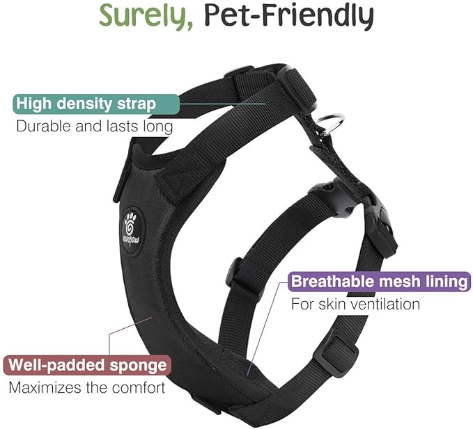 Dog Vehicle Safety Vest Harness, Adjustable Soft Padded Mesh Car Seat Belt Leash Harness with Travel Strap and Carabiner for Most Cars, Size Medium, Black