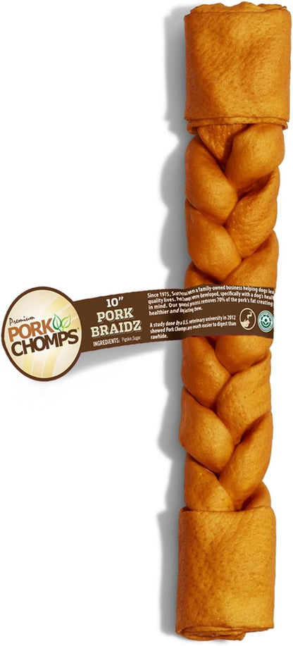 Pork Chomps Roasted Pork Skin Dog Chew, 10-inch Braid, 1 Count (Pack of 3)