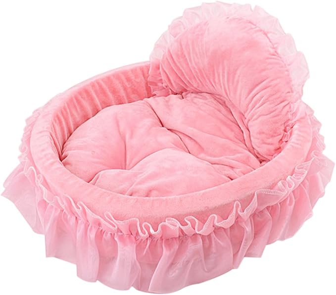 WYSBAOSHU Cute Princess Pet Bed Bow-TIE Lace Cat Sofa Soft Plush Small Dog Cushion Bed Kitten Puppy Round Beds (L, Pink)