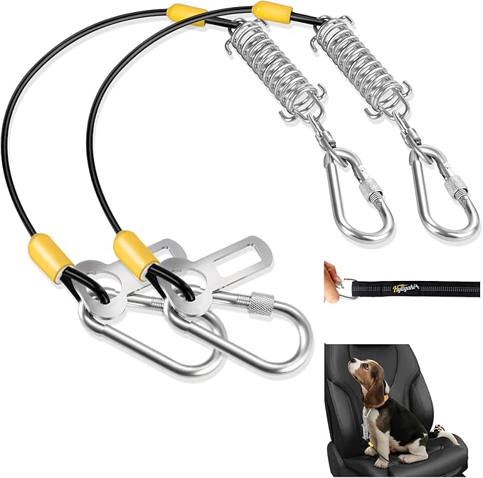 Dog Seat Belt Harness for Car, 5-in-1 Coated Wire Dog Seatbelt, HYLIYAKI Shock Spring-Loaded No Chew Pet Dog Car Seatbelt Leash, with Removable Reflective Short Leash (2 Pack Black, 32 inch/80 CM)