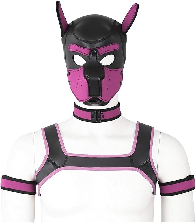 4 Sets Neoprene Puppy Hood Animal Head Mask Novelty Costume Dog (Hood Mask + Collar + Armband + Harness) (Large, Pink)