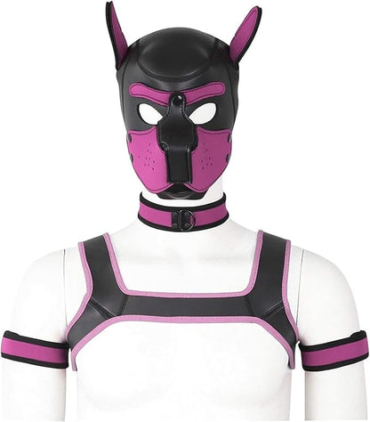 4 Sets Neoprene Puppy Hood Animal Head Mask Novelty Costume Dog (Hood Mask + Collar + Armband + Harness) (X-Large, Pink)