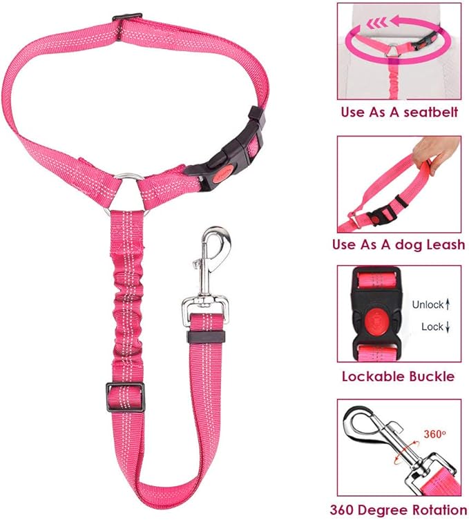 Lukovee Dog Car Seat Belt, 2 Pack Headrest Restraint Seatbelt, Adjustable Pet Safety Leads with Reflective Elastic Bungee for Dog Harness Collar Travel Daily Use (Fluorescent Pink,Headrest)