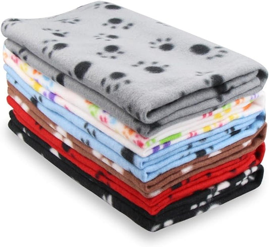 EAGMAK Cute Dog Cat Fleece Blankets with Paw Prints for Kitten Puppy and Small Animals Pack of 6 (Black, Brown, Blue, Grey, red and White)