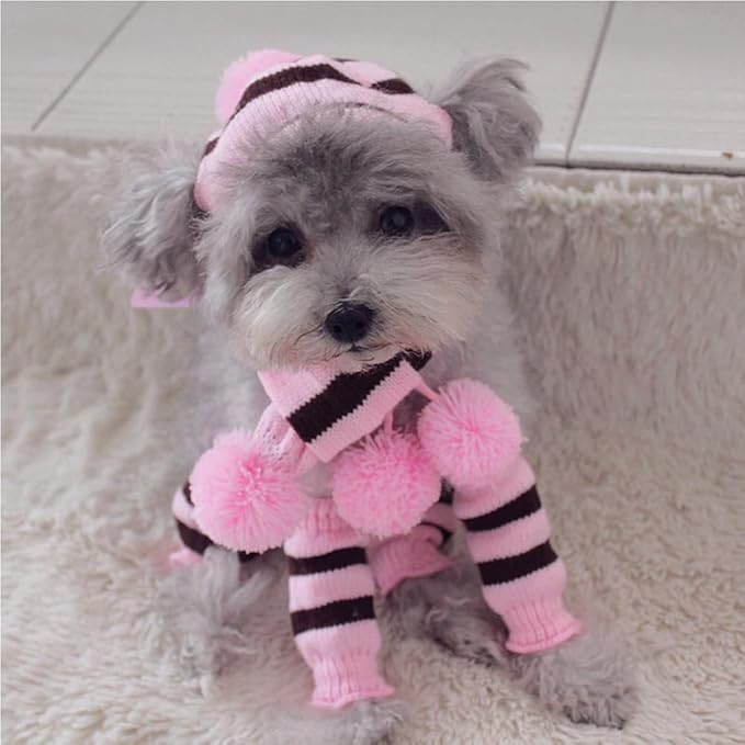 ANIAC 6 PCS Winter Knitted Dog Hat Scarf and Leg Warmer Set Puppy Warm knitting Hat with Ear Holes Pet Pompom Cap & Collar Christmas Costume Suit for Cats Small Dogs (X-Small