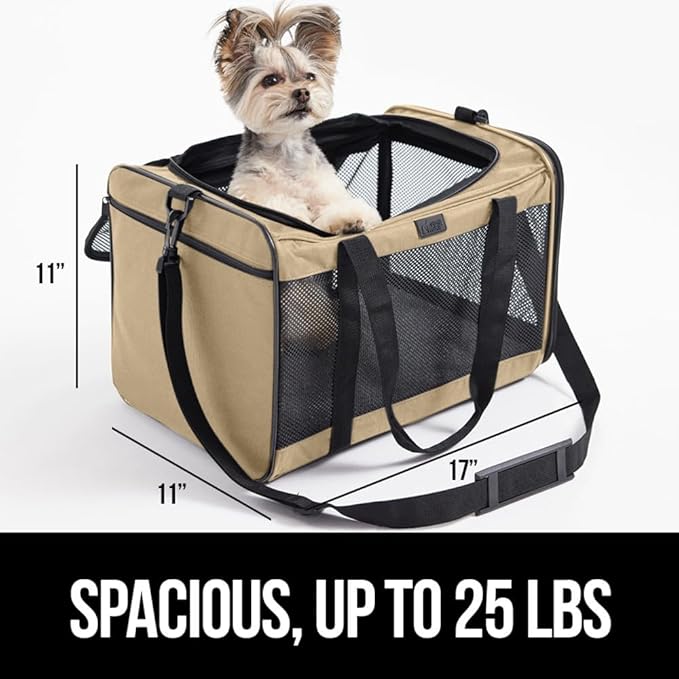 Gorilla Grip Airline Travel Cat Carrier Bag Up to 15 Lbs, Breathable Mesh Collapsible Pet Carriers for Small, Medium Cats, Small Dogs, Puppies, Portable Kennel with Soft Washable Waterproof Pad, Beige