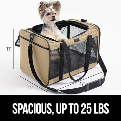 Gorilla Grip Airline Travel Cat Carrier Bag Up to 15 Lbs, Breathable Mesh Collapsible Pet Carriers for Small, Medium Cats, Small Dogs, Puppies, Portable Kennel with Soft Washable Waterproof Pad, Beige