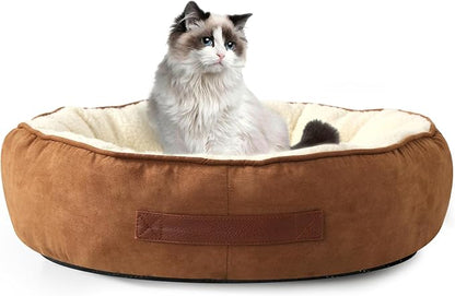 28"x28"x8" Round Dog and Cat Bed, Cozy Oval Dog Bed with Anti-Slip Bottom and Neck Support Pillow, Washable Kitten Bed for Indoor Small Medium Dogs Cats(Brown, Large)