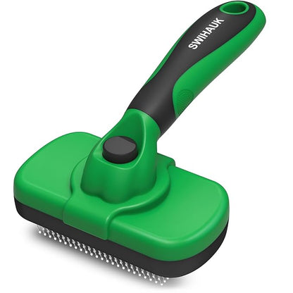 Swihauk Self Cleaning Slicker Brush for Dogs & Cats - Skin Friendly Deshedding Brush for Long and Short Haired Pets, Grooming Brush, Green