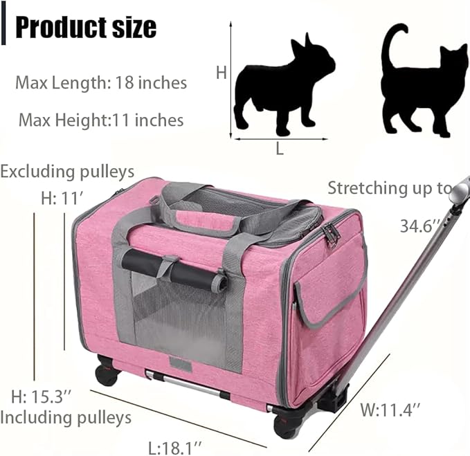 Cat Dog Carrier with Detachable Wheels Airline Approved,Telescopic Handle and Shoulder Strap Pet Travel Rolling Carrier