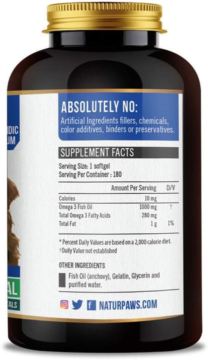 Omega 3 Fish Oil Supplement for Dogs and Cats - 1000 mg Pure DHA and EPA Omegas - Supports Healthy Coat and Skin, Heart, Immune System, Joints and Hip - 180 softgels