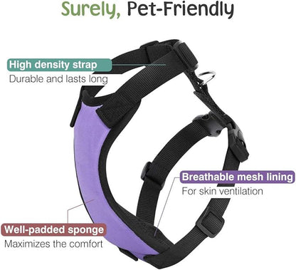 Dog Vehicle Safety Vest Harness, Adjustable Soft Padded Mesh Car Seat Belt Leash Harness with Travel Strap and Carabiner for Most Cars, Size Small, Purple