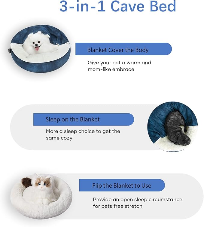 Cozy Soft Dog Bed with Hooded Blanket Warm Calming Cat Cave for Small Medium Dogs and Cats 23x23x6″