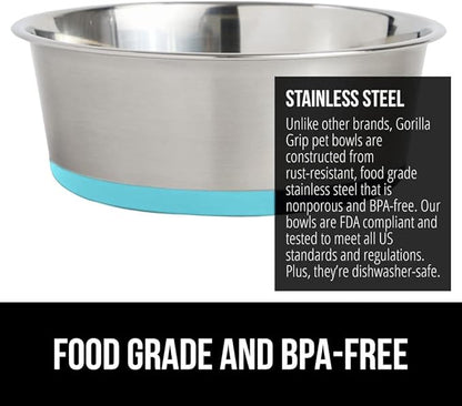 Gorilla Grip Stainless Steel Metal Dog Bowl Set of 2, Rubber Base, Heavy Duty Feeding Dishes, Food Grade BPA Free, Less Sliding, Quiet Pet Bowls for Cats and Dogs, Holds 6 Cups (48 fl oz), Turquoise