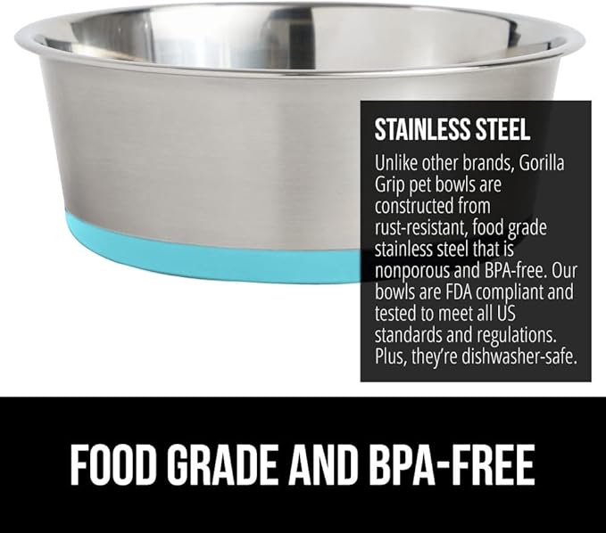 Gorilla Grip Stainless Steel Metal Dog Bowl Set of 2, Rubber Base, Heavy Duty Feeding Dishes, Food Grade BPA Free, Less Sliding, Quiet Pet Bowls for Cats and Dogs, Holds 3 Cups (24 fl oz), Turquoise