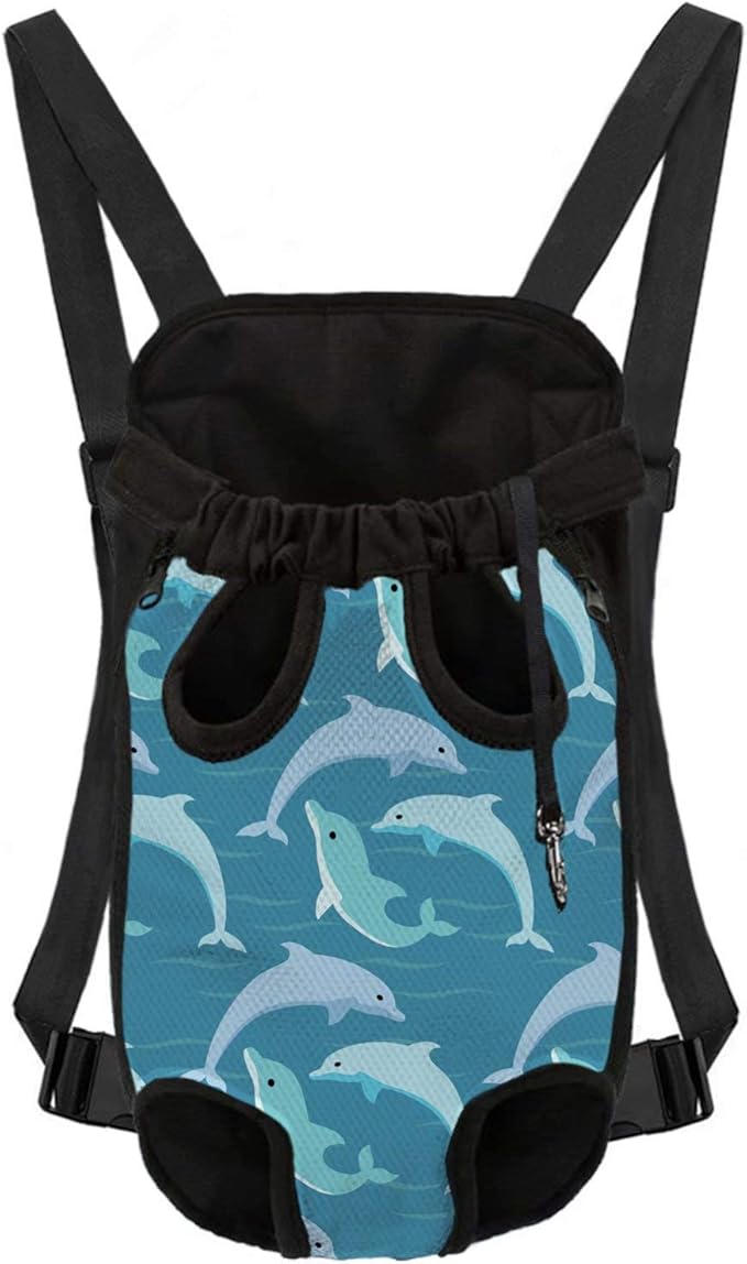 Legs Out Front-Facing Dog Carrier Backpack, Women Men M Size Pet Holder Pouch, Fit for Hiking, Camping, Shopping, Traveling, Cute Dolphin Design