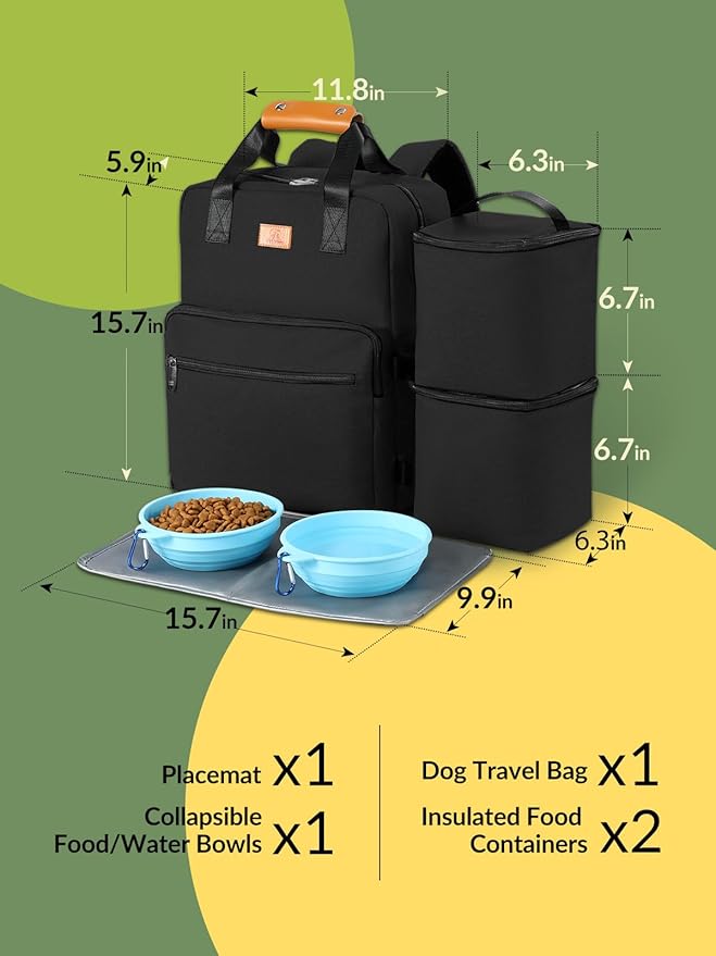 Dog Travel Bag, Airline Approved Organizer Backpack with Multi-Function Pockets, 25L Accessories Set with 2 Food Storage Containers, 2 Foldable Bowls for Weekend