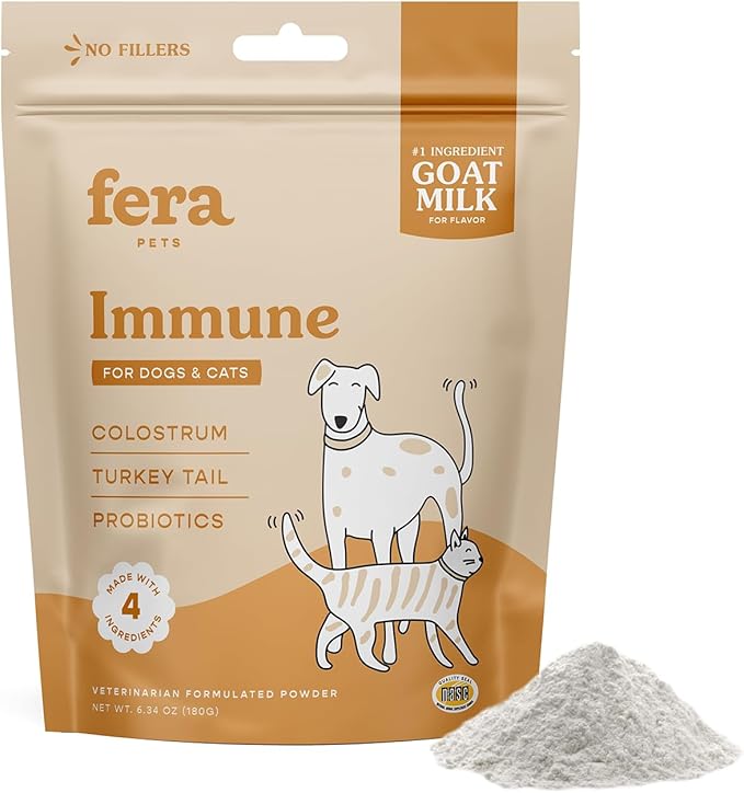 Fera Pet Organics Immune Goat Milk Cat & Dog Food Topper – Vet Created - Pet Allergy & Immunity Aid – Probiotic - Colostrum & Turkey Tail Mushroom-60 Servings